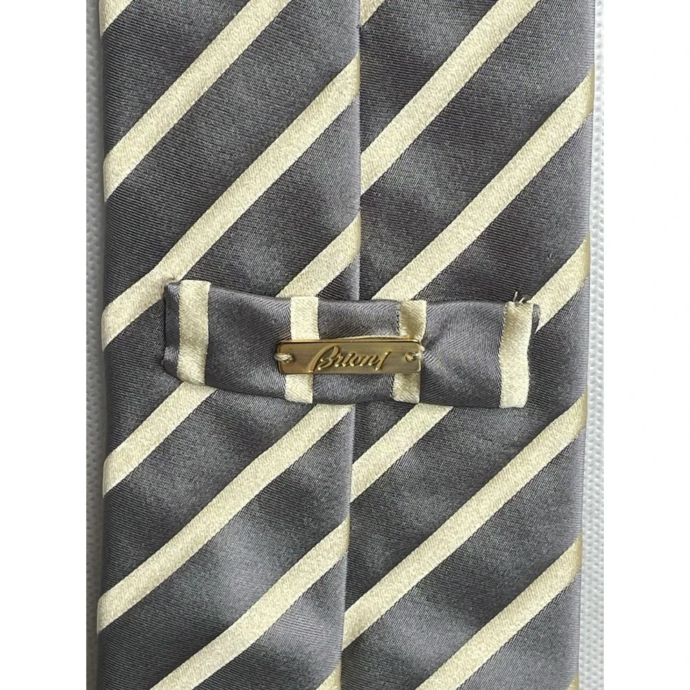 Brioni Classic Thick Repp Silk Striped Tie Gray Yellow Handmade Italian Necktie